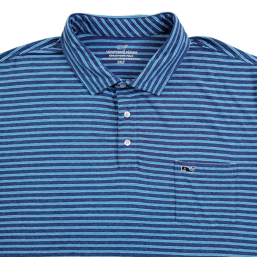 Vineyard Vines Polo Shirt Mens 2XLT Blue Stripe Performance Stretch Short Sleeve